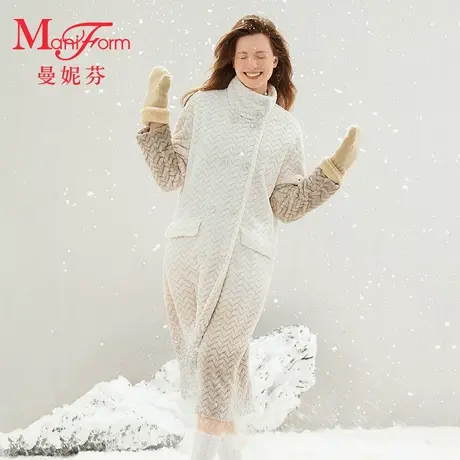 曼妮芬倍暖法兰绒开襟长袍立领睡袍浴袍女秋冬舒适家居服20320544图片