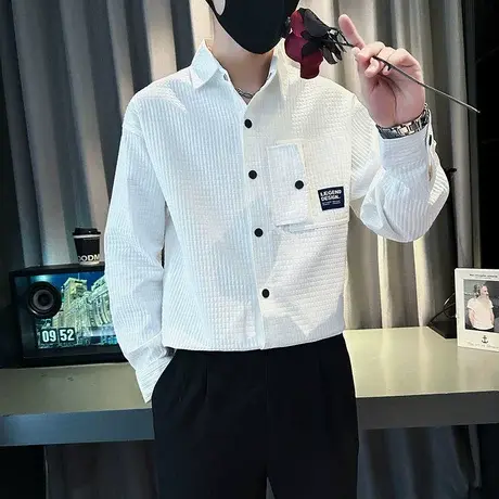 春秋季长袖衬衫男2023新款个性休闲上衣宽松华夫格百搭发型师衬衣商品大图