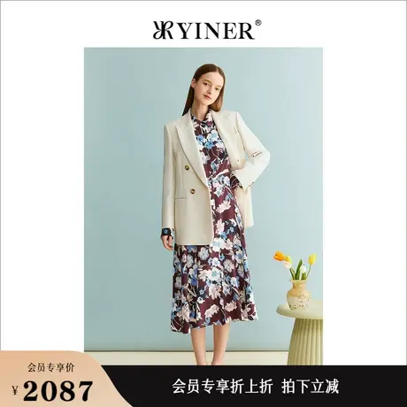 YINER音儿女装秋季法式优雅羊毛垂顺白色简约休闲西装外套图片