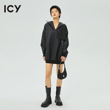 icy春秋新款户外工装风链条口袋抽绳连帽中长款宽松休闲卫衣图片