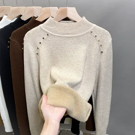 一体绒半高领毛衣女加绒加厚打底衫2023秋冬新款针织衫内搭上衣潮商品大图