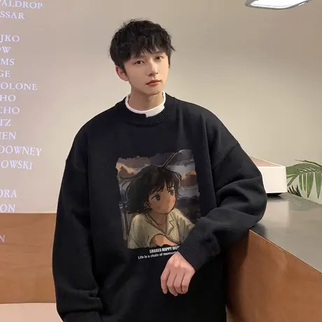 毛衣男秋冬假两件针织衫撞色oversize圆领卡通港风宽松情侣线衣潮图片