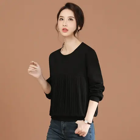 韩潮袭人圆领长袖黑色卫衣女2024春季新款休闲百搭拼接T恤上衣图片