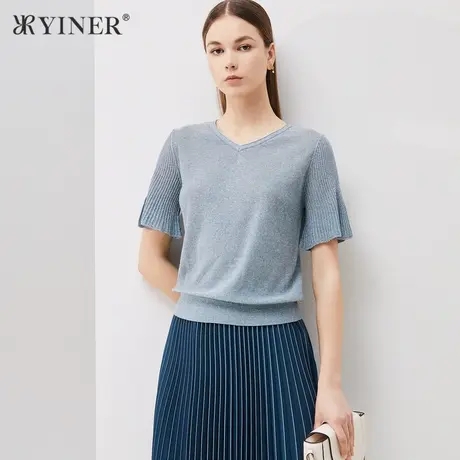 YINER音儿女装夏季V领短袖亮丝针织衫套头商品大图