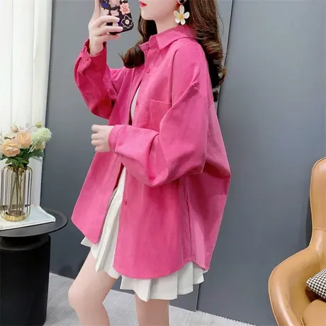 糖果色灯芯绒衬衫女春季2024年新款宽松慵懒风长袖百搭设计感外套商品大图