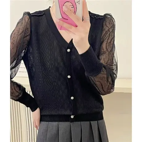 V领短款针织衫上衣女装长袖2024年早春季新款蕾丝袖外穿打底衫女图片