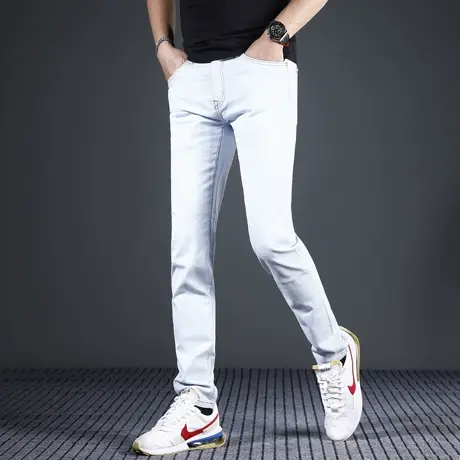 香港高端冰丝牛仔裤男款夏季2024新款修身小脚浅蓝色弹力男士裤子商品大图