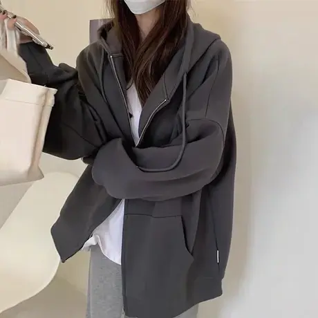 拉链开衫连帽卫衣女灰色高级感oversize早秋薄款慵懒风宽松外套潮图片