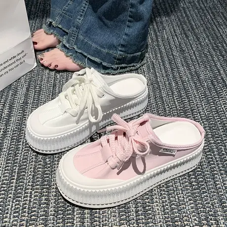 爆款饼干鞋女2024年新款懒人包头半拖鞋女夏季外穿透气厚底小白鞋商品大图