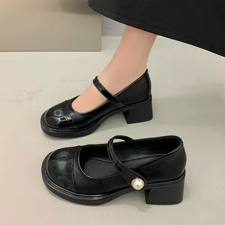 法式百搭玛丽珍鞋女2024春夏季新款拼色浅口单鞋配裙子粗跟小皮鞋商品大图