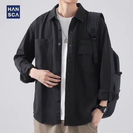 hansca简约纯色衬衫男士春季新款宽松痞帅设计感高级日系衬衣外套商品大图