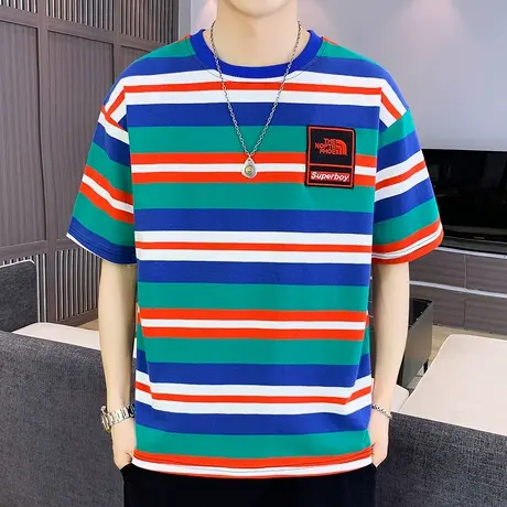 条纹短袖T恤衫男夏季彩虹撞色个性纯棉半袖体恤上衣韩版潮流百搭商品大图