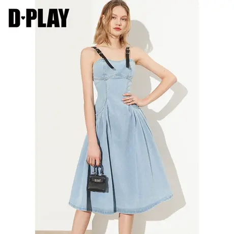 DPLAY【惠品】夏新复古浅牛仔蓝皮肩带收腰大摆牛仔吊带裙图片