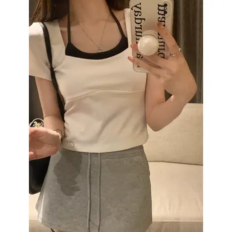 ins超火假两件拼接半袖T恤女夏季修身短款打底衫辣妹紧身短袖上衣商品大图