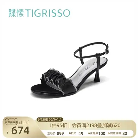 蹀愫女一字式扣带细跟高跟鞋法式缎面凉鞋女TA32309-81图片