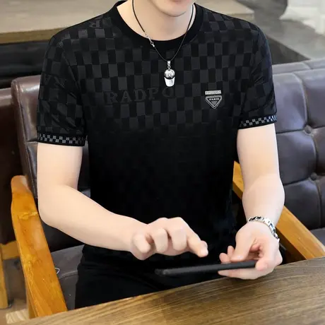 夏季冰丝短袖t恤男士圆领潮牌高端格子休闲烫钻半袖体恤衫男薄款T商品大图