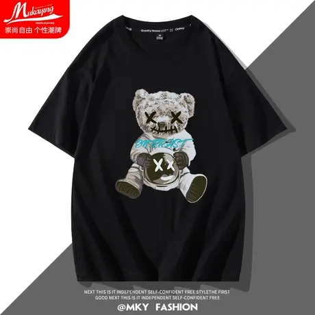 小熊黑色潮牌设计感男装上衣2022年爆款夏天超火男士短袖t恤半袖商品大图