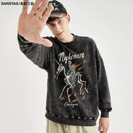 木村三社骷髅骑士水洗无帽卫衣男宽松长袖t恤高街ins潮秋季上衣商品大图