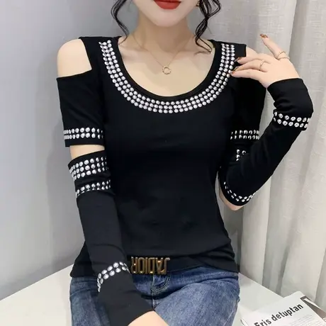 镂空上衣女士2023春秋新款设计感小众露肩长袖T恤气质圆领打底衫商品大图