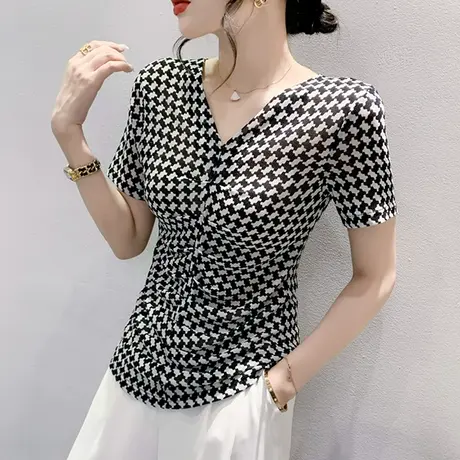 千鸟格印花T恤女短袖2023夏装新款性感V领小衫时尚气质网纱上衣潮商品大图