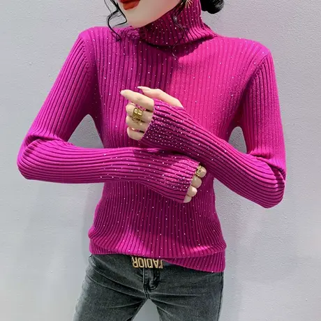 加厚针织毛衣女秋冬2023新款堆堆高领内搭打底衫重工烫钻长袖上衣图片