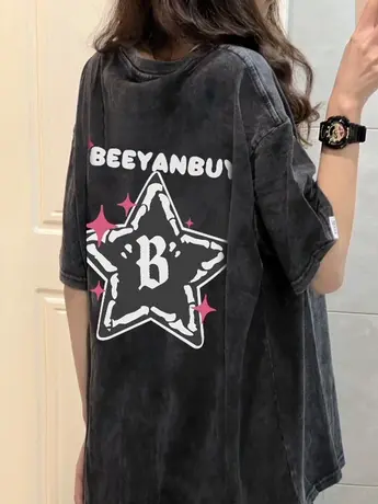 水洗做旧短袖t恤女2023夏季新款美式复古情侣装体恤中长款上衣潮商品大图