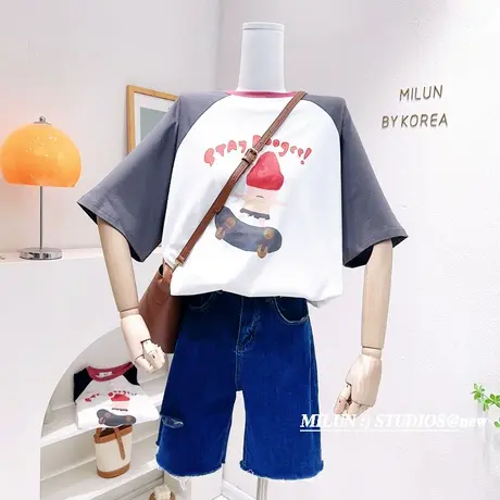 韩国东大门短袖上衣2023春夏新款ins日系复古美式插肩袖T恤设计感商品大图