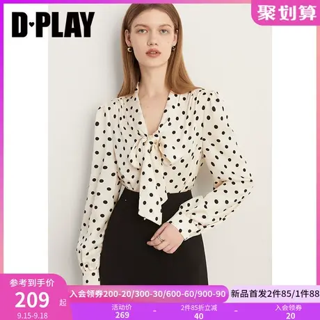 DPLAY2023秋新法式气质通勤奶油杏底黑波点V领蝴蝶结系带印花衬衫商品大图