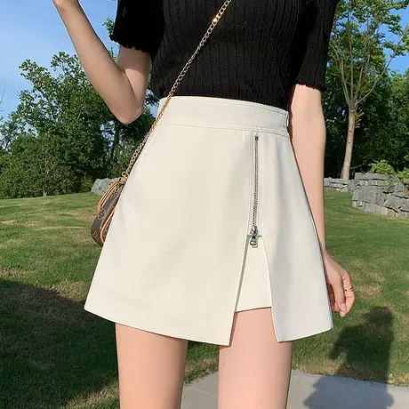 白色不规则夏季a字高腰半身裙防走光裤裙黑色小个大码显瘦短裙女图片