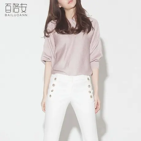 百洛安亮丝针织衫女秋季新款一字领蝙蝠袖天丝上衣女T恤薄款罩衫图片