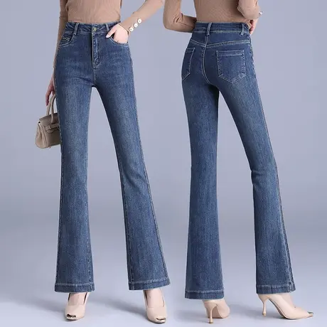 微喇牛仔裤女春秋季新款高腰弹力收腹侧条纹直筒裤韩版中老年长裤图片