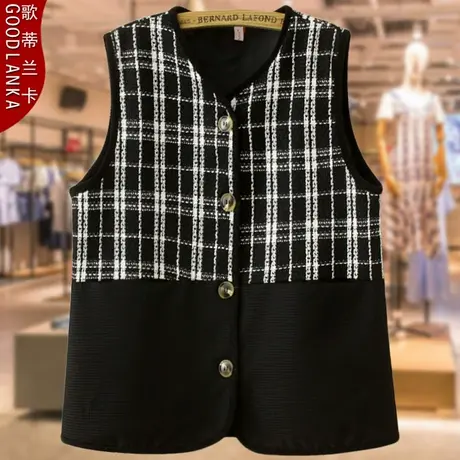 中年妈妈春秋外穿马夹女200斤大码时尚格子拼接洋气百搭马甲外套图片