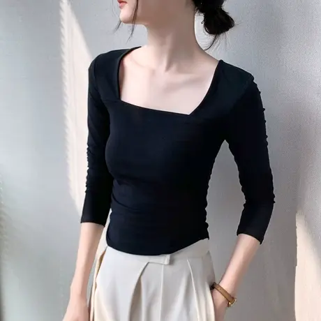 正肩长袖T恤女2023早秋新款露锁骨西装内搭打底衫方领黑色上衣薄商品大图