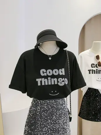 韩版简约字母笑脸短袖t恤女夏季ins潮牌宽松休闲百搭圆领体恤上衣图片