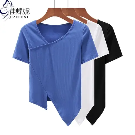 夏季新款韩版V领修身纯棉纯色不规则短袖体恤上衣内搭女打底衫图片
