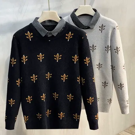 男装秋装新款假两件毛衣男秋冬衬衫针织衫外套男士上衣保暖打底衫商品大图