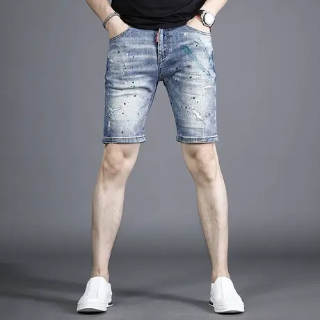 夏季薄款破洞牛仔短裤男士5五分马裤潮牌潮流泼墨中裤子男高端潮商品大图