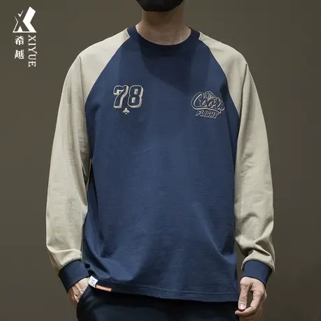 美式复古插肩袖拼色长袖T恤男260g重磅秋冬宽松大码内搭打底衫潮商品大图