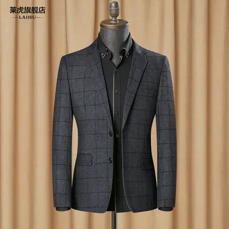 春秋季新款男士休闲西装外套中年爸爸装格子小西服男修身单上衣图片
