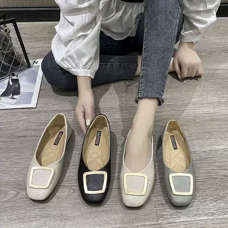 单鞋女2023春季新款百搭奶奶鞋女中跟粗跟豆豆鞋浅口晚晚鞋仙女鞋图片