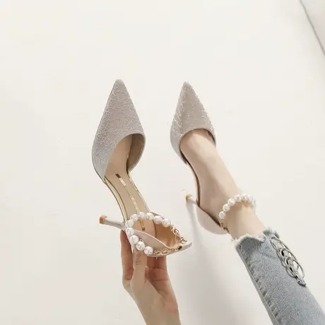 法式气质少女高跟鞋女细跟2023年春季新款性感一字带中空尖头单鞋图片