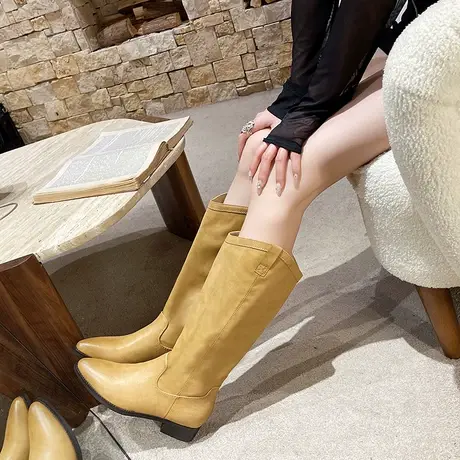 御姐风高筒骑士靴女2023尖头复古增高显腿长瘦瘦靴不过膝帅气长靴商品大图