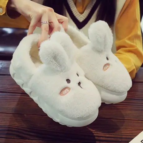 可爱兔子厚底棉拖鞋女冬季室内保暖防滑卡通增高毛绒包跟月子棉鞋商品大图