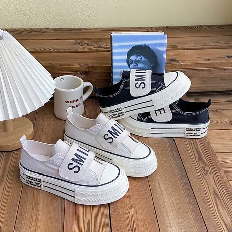 小白鞋女百搭休闲板鞋2023新款夏季魔术贴女鞋子厚底帆布女鞋薄款图片