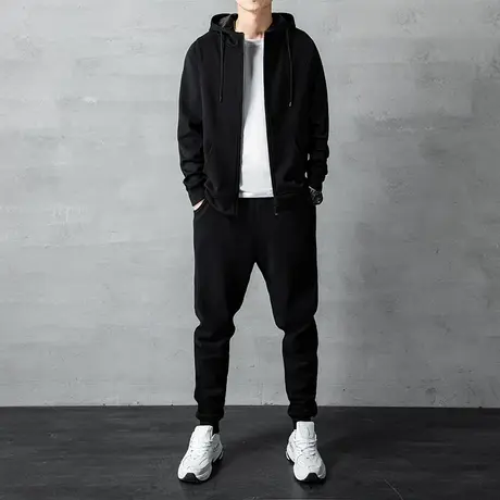 健身纯色男士连帽卫衣套装春秋季新款跑步百搭休闲秋天运动服一套商品大图