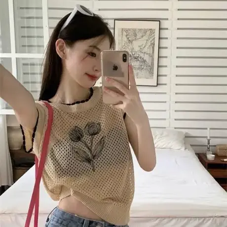 冰丝针织撞色条纹镂空吊带小背心女夏季宽松短款坎肩无袖上衣外穿图片