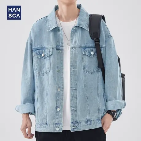 hansca春季新款翻领牛仔外套男复古水洗做旧重磅宽松休闲夹克衬衣图片