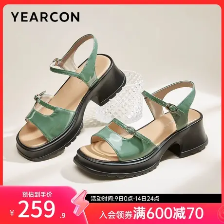 意尔康女鞋夏季女士粗跟真皮厚底凉鞋外穿时尚沙滩鞋法式一字扣带图片