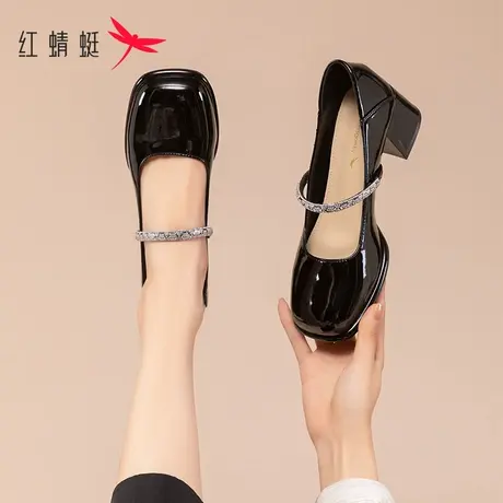 红蜻蜓玛丽珍鞋2023新款春季法式高跟鞋女粗跟配裙子方头浅口单鞋商品大图