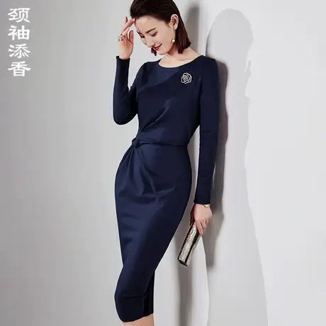 颈袖添香春夏高端杏色绣花包臀修身商务宴会礼服职业正装OL连衣裙图片